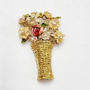 Vintage Signed My Fair Lady Rhinestone Enamel Basket Flowers Pin Brooch Rare
